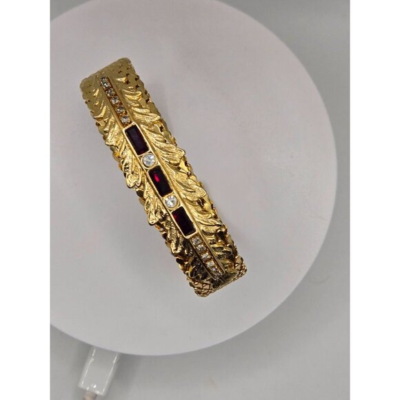 VTG GOLD Plated Cuff Bangle Bracelet Garnet and Rhinestone .75" thick scale - Picture 3 of 8